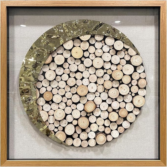 BrightA 3D Square Framed Nature Art - Gold Patina Metal Meets Circular Solid Wood Block Texture, Minimalist Contrast Wall Decor for Calming Spaces 43.3"x43.3"