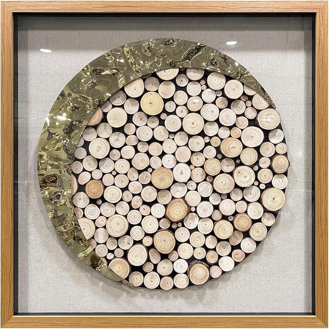 BrightA 3D Square Framed Nature Art - Gold Patina Metal Meets Circular Solid Wood Block Texture, Minimalist Contrast Wall Decor for Calming Spaces 31.5"x31.5"