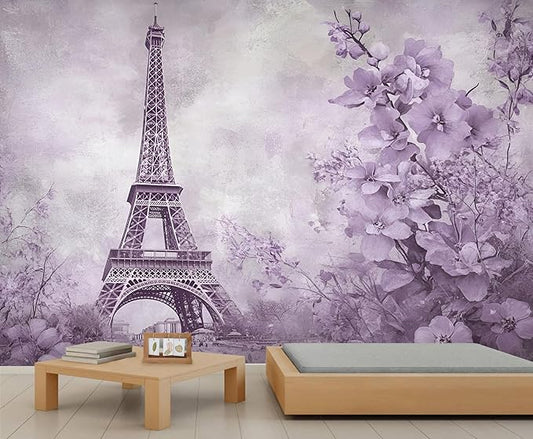 Lilac Wall Murals, Eiffel Tower Mural Wallpaper, Purple Flowers Wall Decor, Vintage Mural for Bedroom, Romantic French Wallpaper for Living Room 157"（W） x 118"（H）