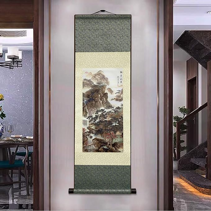 AtfArt Asian Wall Decor - Beautiful Silk Scroll Painting of Waterfall River Landscape - Songting Qingfeng Oriental Decor Chinese Art Wall Scroll (36.2 x 12 in)