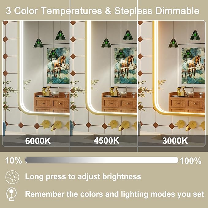 20x28 Inch Gold LED Bathroom Mirror with Lights, 3000K/4500K/6000K, Wall Mounted Framed Lighted Bathroom Vanity Mirrors, Anti-Fog, Stepless Dimmable, Memory Funtion, Horizontal/Vertical