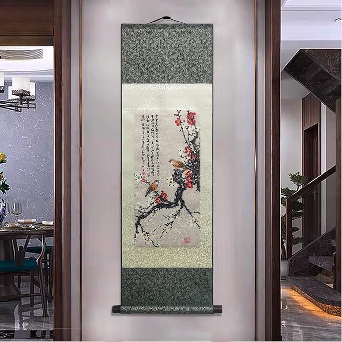 AtfArt Asian Wall Decor - Beautiful Silk Scroll Painting 4 Color Flower bird - Starling Thrush Magpie Parrot Oriental Decor Chinese Art Wall Scroll Hanging Painting 36.2 x 12in (4 Piece)
