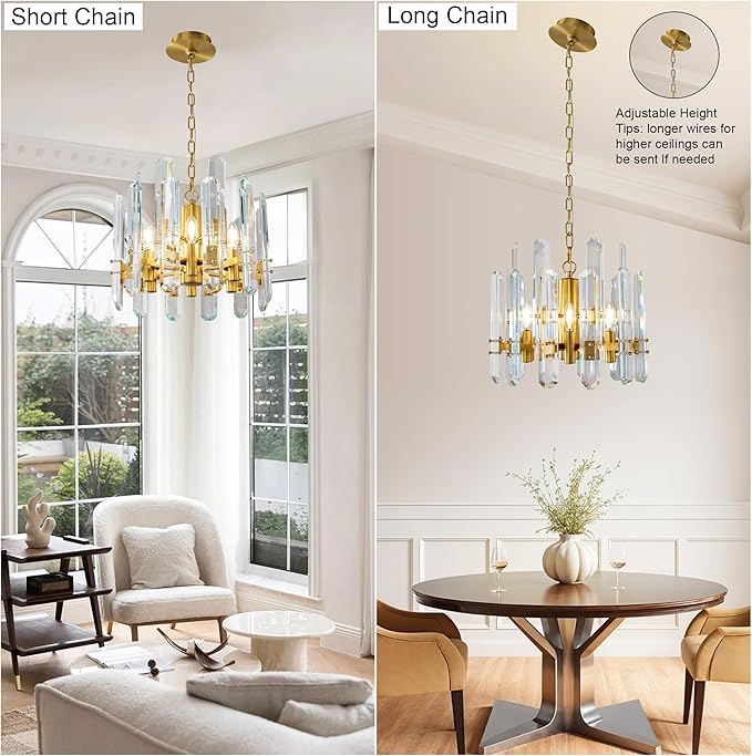 18" Modern Crystal Chandelier, 6-Light Luxury Gold Chandelier for Dining Room, Living Room, Bedroom, Foyer, Kitchen, Restaurant, Contemporary Round Adjustable Chain Chandeliers K9 Light Fixture
