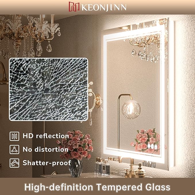 Keonjinn LED Bathroom Mirror 32" x 36" Frontlit and Backlit, Large Stepless 3 Colors Temperature & Dimmable Wall Mirror, UL Listed LED Driver Double LED Strip, Anti-Fog Frameless Tempered Glass Mirror