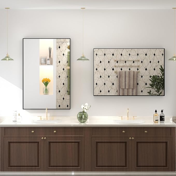 24x36 Inch Black Metal Bathroom Vanity Mirror for Wall, Black Matte Framed Rectangular Mirror, Anti-Rust, Square Corner, Hangs Vertically or Horizontally
