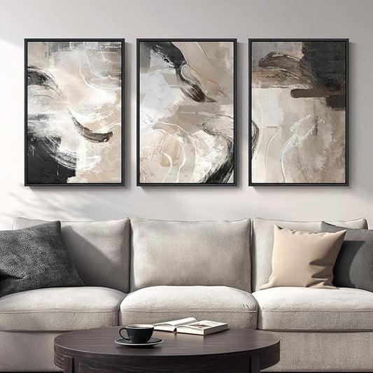 Large Framed Neutral Abstract Wall Art, 3 Piece Modern Minimalist Canvas Prints Paintings Artwork for Walls, Black Beige Brown Neutral Tone Pictures for Living Room Hallway Dining Wall Decor 20x30 In