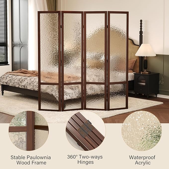 Acrylic Room Divider, 4-Panel Freestanding Partition Screen, Frosted Translucent Privacy Panel - Lightweight Modern Divider for Home Office Studio (Walnut, 4 Panels)