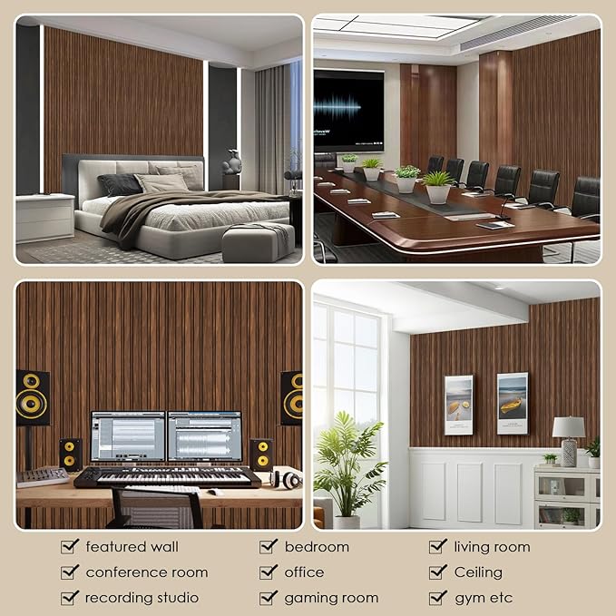 8-Pack 3D Slat Wall Panels — Soundproof Faux Wood Wall Panels for Interior Décor, 48.2" x 6.3", Modern Wall Cladding for Living Room, Bedroom, Office — Walnut Finish