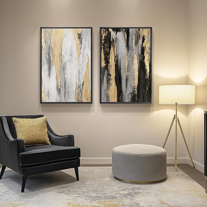 Large Framed Modern Abstract Wall Art Set of 2, Canvas Prints Paintings Artwork for Walls, Black White Grey Gold Pictures Wall Decor for Living Room, Dining Room, Bedroom, and Office