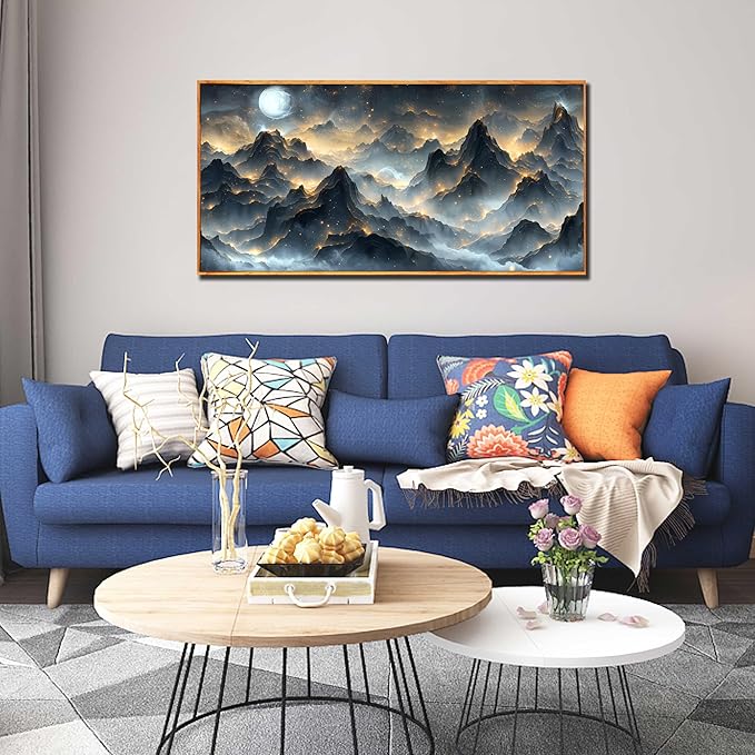 Ouzzlie Black and Gold Art Wall Decor Moon Wall Art for Office Mountain Landscape Canvas Picture Artwork 24" x 48"