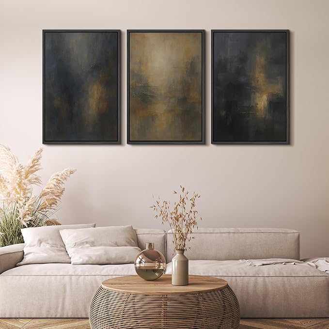 MUDECOR Framed Wall Art Print Set Dark Abstract Modern Contemporary in Navy Blue and Gold Brushstrokes Illustrations Modern Art Decorative Colorful for Living Room, Bedroom, Office - 24"x36"x3 Black