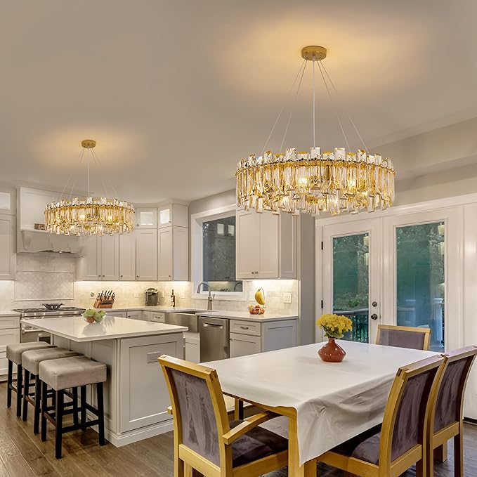 Modern Luxury K9 Crystal Chandelier 10-Lights Gold Round Pendant Light Easy Install Ceiling Hanging Light Fixture for Dining Living Room Kitchen Island Entryway Foyer D31.5