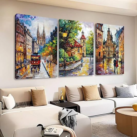 Kewhush European Town Canvas Wall Art, Colorful City Street Canvas Prints, Europe City Wall Art, Set of 3 Abstract Poster, Landscape Artwork, Romantic Decor for Living Room (12" x 18" x 3 pcs)