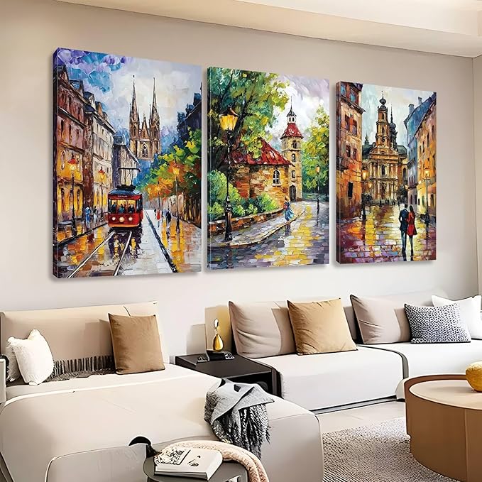 Kewhush European Town Canvas Wall Art, Colorful City Street Canvas Prints, Europe City Wall Art, Set of 3 Abstract Poster, Landscape Artwork, Romantic Decor for Living Room (16" x 24" x 3 pcs)