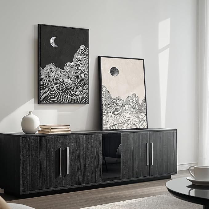 Large Framed Black and White Abstract Wall Art, Set of 2 Modern Canvas Prints Paintings Artwork for Walls, Abstract Mountain and Moon Pictures for Living Room, Bedroom, Dining Room Wall Decor 20x30 In