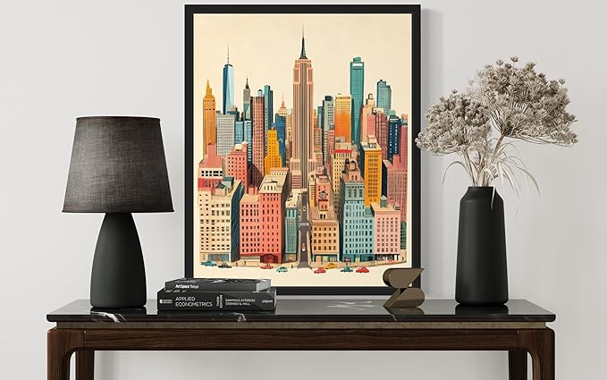 New York Wall Art Poster Print, Vintage Retro Landscape Scenery Painting Artwork Travel Prints Decor Cityscape Landmarks Gallery 27 (New York, 18 x 24 inches, Black Frame)