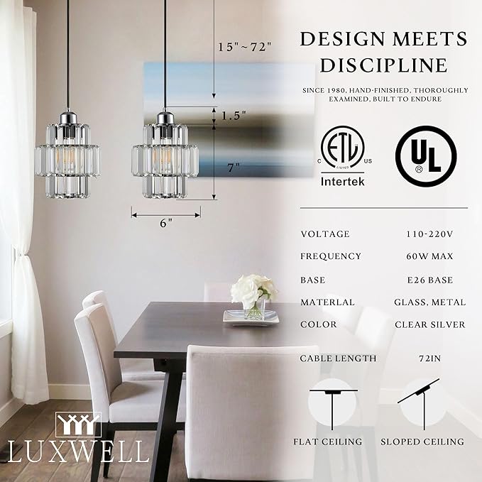 Modern Crystal Chandelier, 6"x7" Classic Crafted Pendant Light, Glass & Metal Hanging Light for Innovative Small Space Use in Dining Room, Kitchen Island, Bedroom, Living Room - Luminous