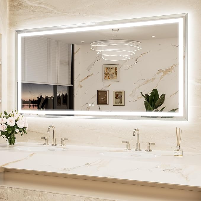 Keonjinn 72 x 36 Inch LED Mirror for Bathroom Large, Brushed Nickel Front & Back Lighted Bathroom Mirror, HD Tempered Glass, UL Listed LED Driver, Beveled Framed, 3 Color Lights, Dimmale, Anti-Fog