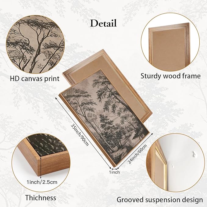 CHDITB Vintage Landscape Framed Wall Art, Neutral Minimalist Tree Wall Decor, Nature Woodland Sketch Spiritual Painting, Retro Botanical Forest Poster Classic Wilderness Office Art Prints 24"x36"x3