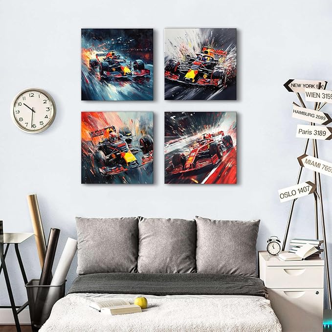 Abstract Supercar Wall Art for Man Cave Colorful Formular Car Pictures Cool Boys Bedroom Posters Black and White Cyberpunk Vehicle Canvas Prints Sport Artwork Playroom Office Home Decoration 20x20" 4P