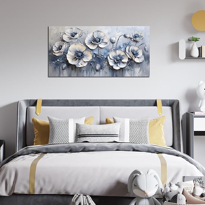 AOZEMI Flower Wall Decor for Bedroom White Canvas Wall Art Blue Wall Picture Artwork for Living Room Office 20" x 40"