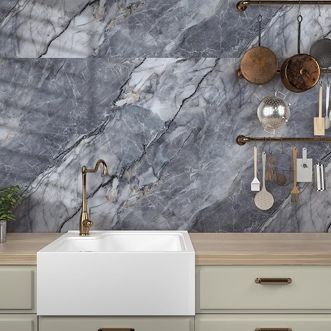 Marble Peel and Stick Waterproof Wall Paneling, 118" x 47" Pietra Grey Glossy Finish Self-Adhesive Backsplash Tile Vinyl Wall Panel for Kitchen Bathroom Wall Decor, Covers 38.75 Sq. Ft.
