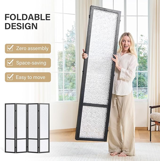 4 Panel Acrylic Room Divider Privacy Screen - Freestanding Frosted Translucent Partition, Lightweight Modern for Home Office Studio (Black, 4 Panels)