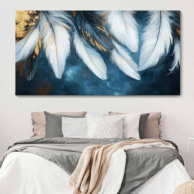 Mofutinpo Blue and Gold Wall Art Navy Blue Decor for Living Room Feather Canvas Art Wall Decor, Blue Bedroom Wall Decor Above Bed Pictures Wall Painting - Artwork for Walls 29×58IN