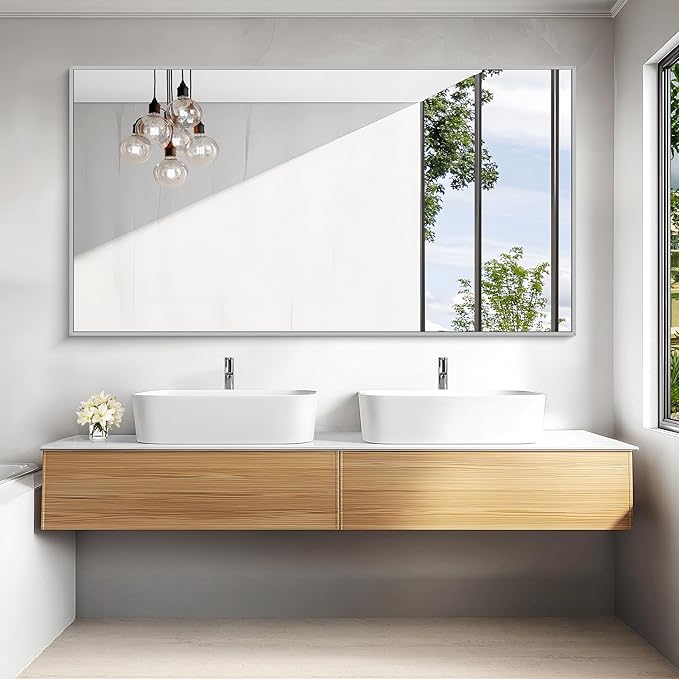 KOCUUY Silver Bathroom Mirror, 60"x30" Large Rectangle Bathroom Mirror for Wall, HD Tempered Glass, Anti-Rust Brushed Silver Frame, Modern Design for Bathroom, Bedroom, Hang Horizontal/Vertical