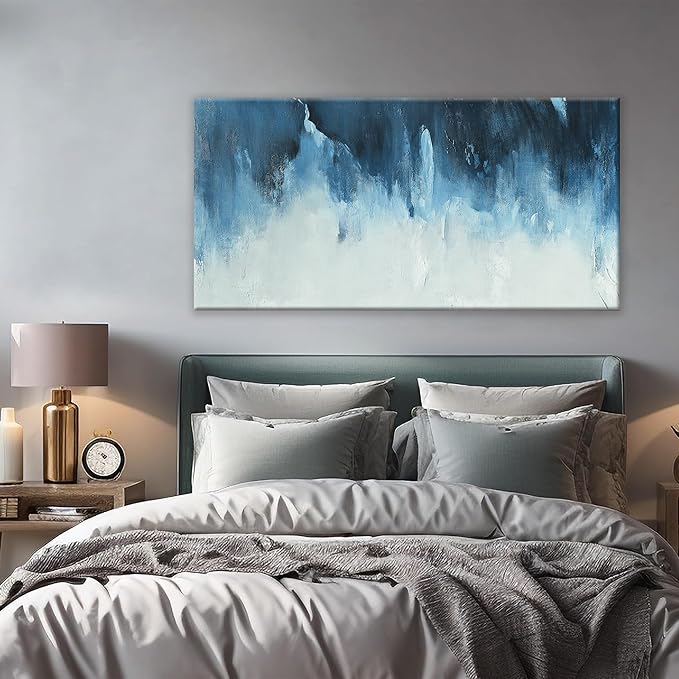 Canvas Wall Art Decor White Blue Wall Art Decor Abstract Art Decoration Pictures For Living Room Art Work Modern Abstract Wall Art Paiintings Prints for Home Bedroom Office Room Wall Decor 24" x 48"