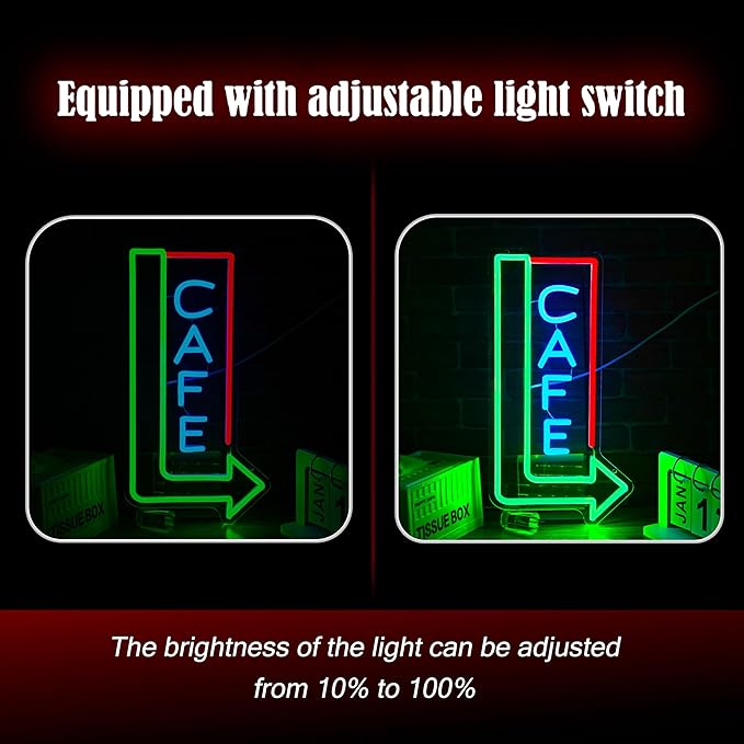 Cafe Neon Sign for Wall Decor 16.14’’*8.46’’ Attracting Coffee Shop Light Up Sign Dimmable Usb Green Right Arrow Led Light Sign for Living Room Restaurant Bistro Man Cave Coffee Bar Party