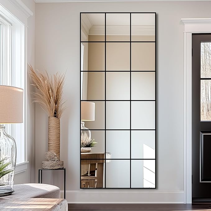 Delma Full Length Mirror, 30"x 70" Window Pane Decorative Mirror for Wall, Black Metal Framed Wall Decor, Wall Mounted, Hanging or Leaning for Bedroom, Living Room, Entryway