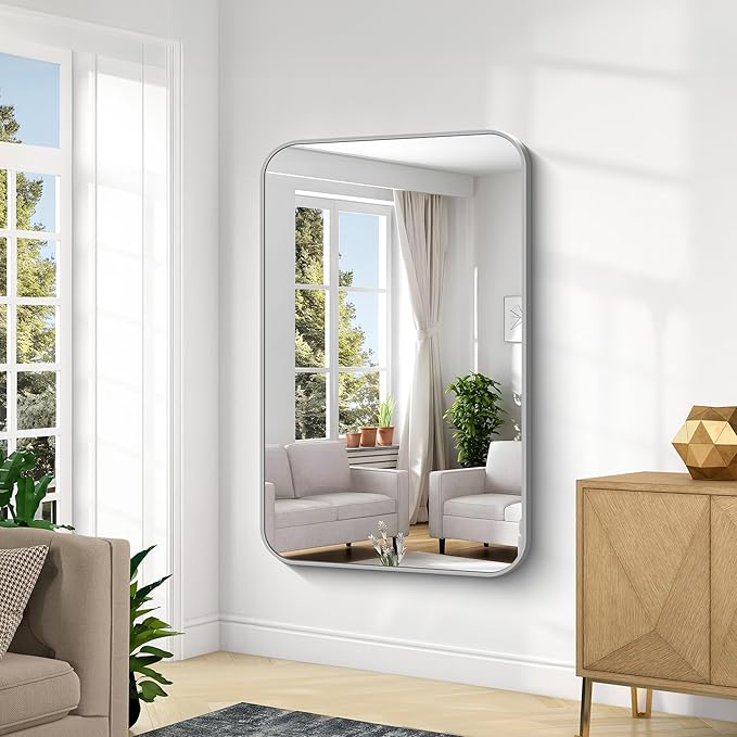 KOCUUY Silver Bathroom Mirror, 55x36 Inch Large Bathroom Mirror for Over Sink, HD Tempered Glass, Anti-Rust Brushed Silver Frame, Rounded Corner Modern Design for Bathroom, Hang Horizontal/Vertical