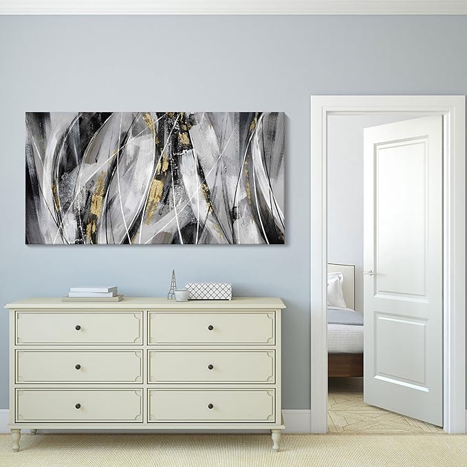 KLAKLA Black and Gold Abstract Wall Art - Big Picture for Living Room Wall - Black and White Canvas Art Work for Home Decor Bedroom Wall Decoration