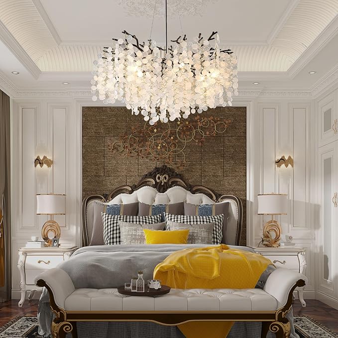 32 Inch Coastal Light Fixture, 10-Light Capiz Shell Chandelier, Modern Black Bedroom Chandeliers, Dining Room Foyer Lighting Fixtures, Boho Chandelier for Living Room Entryway