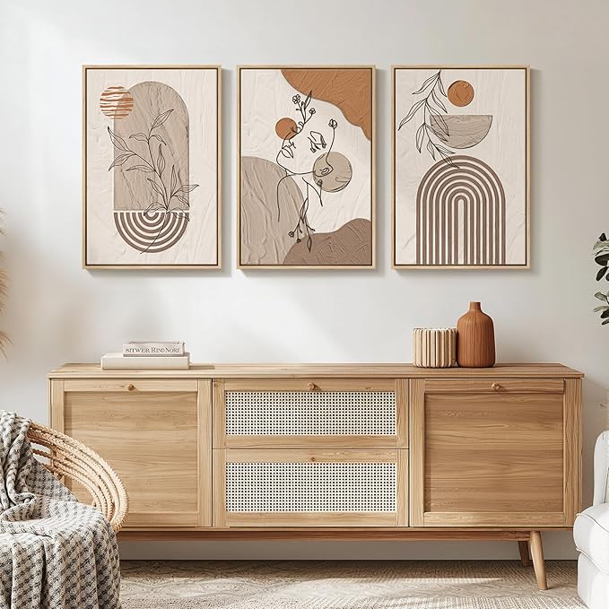 Neutral Framed Large Boho Canvas Wall Art, 3 Piece Bohemian Earth Tone Prints Paintings Artwork for Walls, Elegant Abstract Woman Face Pictures for Living Room, Bedroom, Office Wall Decor -16x24 Inch