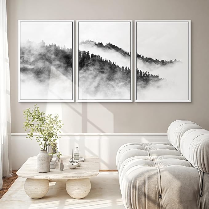 SIGNWIN Framed Canvas Print Wall Art Set Black & White Mountain Forest Valley Nature Wilderness Photography Modern Art Rustic Landscape Relax/Calm for Living Room, Bedroom, Office - 24"x36"x3 White