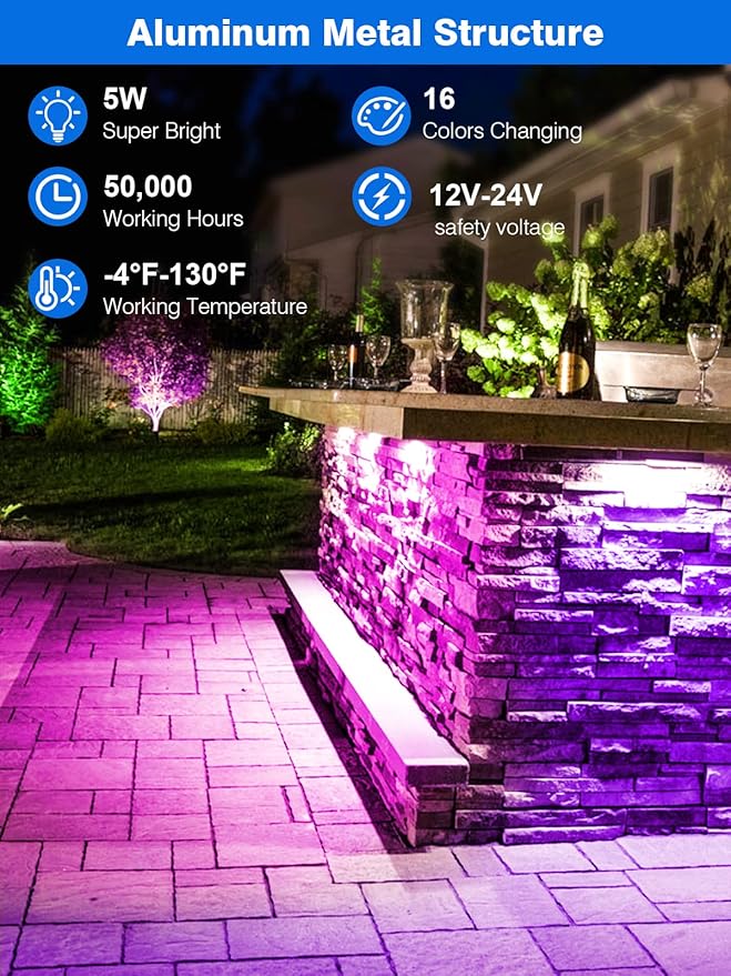 5W RGB Retaining Wall Lights 7 inch LED Hardscape Lighting Color Changing Low Voltage Landscape Paver Lights 12V 24V Step Lights Outdoor IP66 Waterproof Stair Lighting (8 Pack+Connectors)