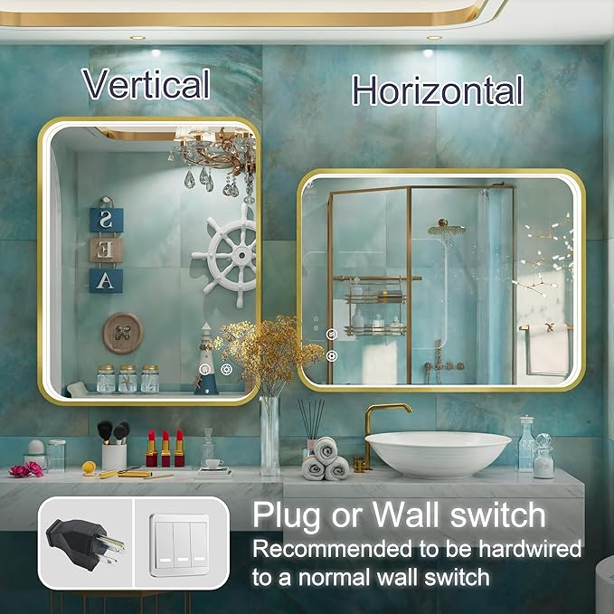 28x36 Inch Gold LED Bathroom Mirror with Lights, Wall Mounted Framed Lighted Bathroom Vanity Mirror, Stepless Dimmable, Memory Funtion, Anti-Fog, Horizontal/Vertical