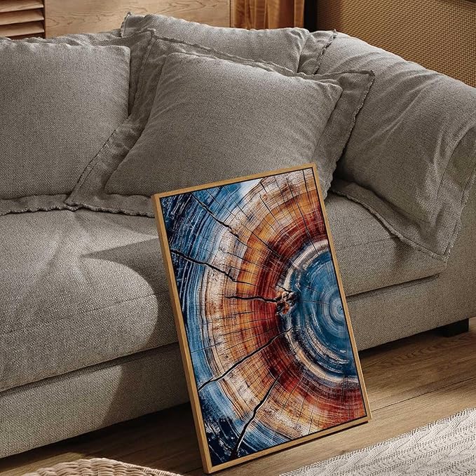 BingruiArt Framed Tree Ring Wall Art Wood Canvas Colorful Boho Wall Decor Rustic Artwork Abstract Painting Farmhouse Picture Nature Print for Living Room Bedroom Bathroom 16"x24" Natural Framed(01)