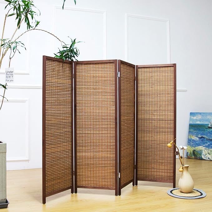 4 Panel Room Divider Short Folding Screen Divider,Double Sided Bamboo Divider Screen for Room Separation,Brown,47.2" H x 61.4" W