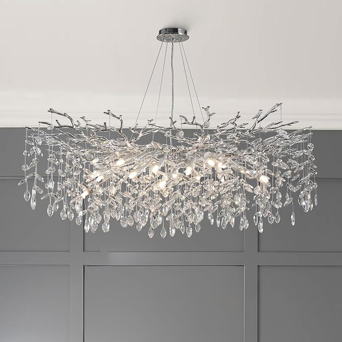 47" Silver Crystal Chandelier, 18-Light Modern Tree Branch Chandelier, Luxury Round K9 Crystal Raindrop Chandeliers for Dining Room, Living Room, Foyer, Entryway, Bedroom, Contemporary Light Fixture