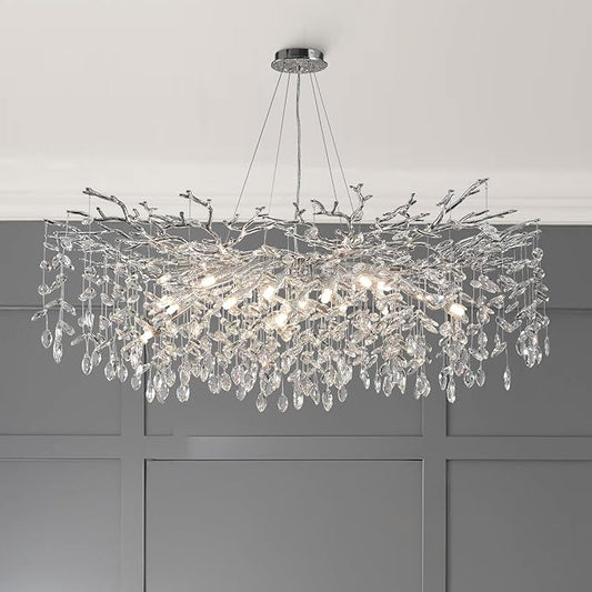 47" Silver Crystal Chandelier, 18-Light Modern Tree Branch Chandelier, Luxury Round K9 Crystal Raindrop Chandeliers for Dining Room, Living Room, Foyer, Entryway, Bedroom, Contemporary Light Fixture