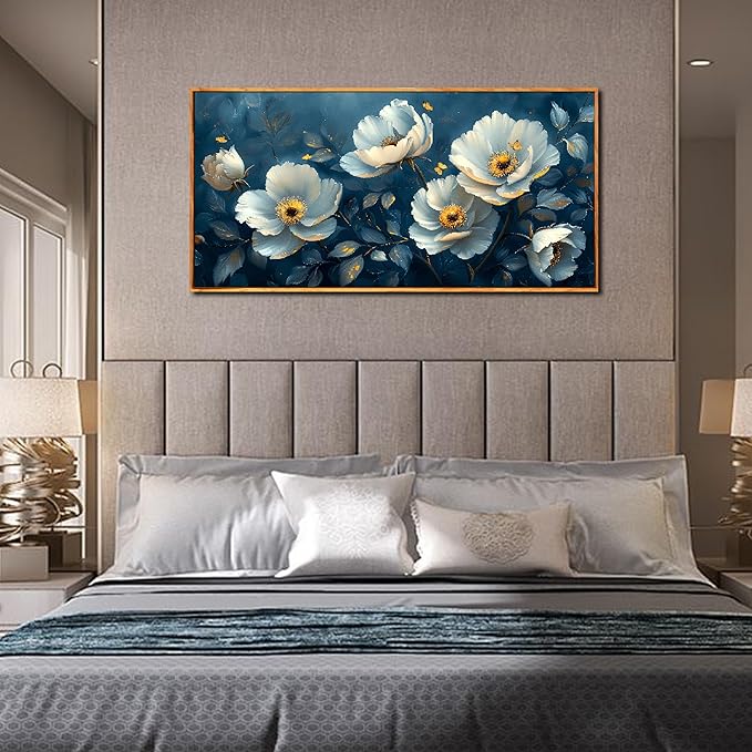 Ouzzlie White Floral Canvas Wall Art for Bedroom Large Blue Wall Decor Plant Picture Artwork 24" x 48"