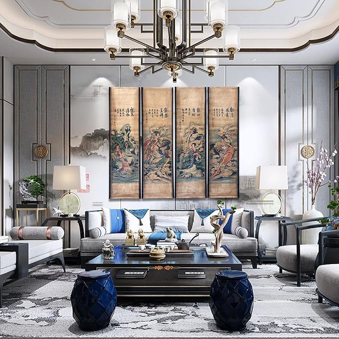 CIFIBIFUN Wall Flying Apsaras Traditional Art Prints Posters Painting Vintage Style,4 Panels Super Large Home Decorative Wall (Super Old Aging Paper, B Japan Painting)