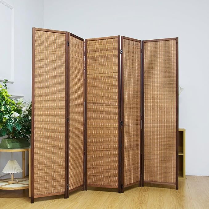 5 Panel Room Divider Screen,5.6 FT Tall Bamboo Divider Folding Privacy Screen,Freestanding Room Divider for Room Seperation,Brown