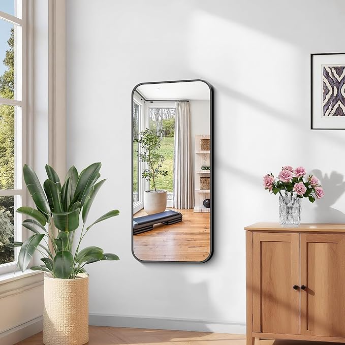 KOCUUY Black Bathroom Mirror, 20" x 40" Metal Frame Rectangle Mirror with Rounded Corner, Classic Design of Upgraded Shatterproof Glass for Bathroom, Bedroom, Living Room, Entryway