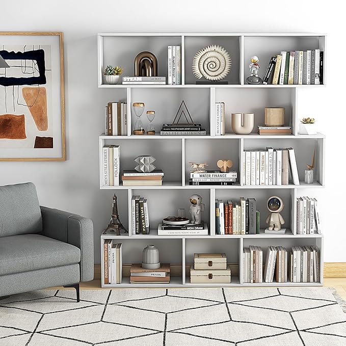 5 Tier Geometric Bookcase, S Shaped Bookshelf, Modern Decorative Storage Shelving, Wooden Room Divider Bookcase, 62.5" Tall Staggered Display Book Shelf for Living Room (2, White)