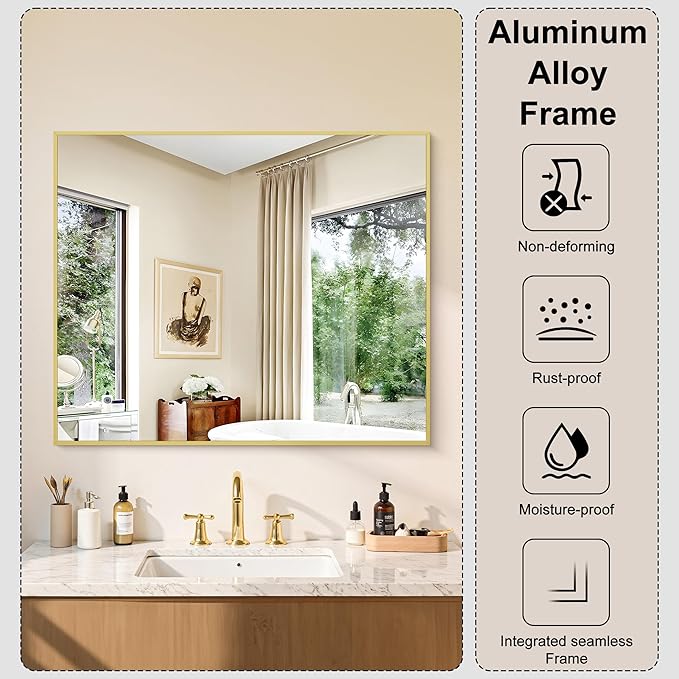 KOCUUY Gold Bathroom Mirror, 30"x36" Rectangle Bathroom Mirror for Wall, HD Tempered Glass, Anti-Rust Frame, Modern Design for Bathroom, Bedroom, Living Room, Entryway