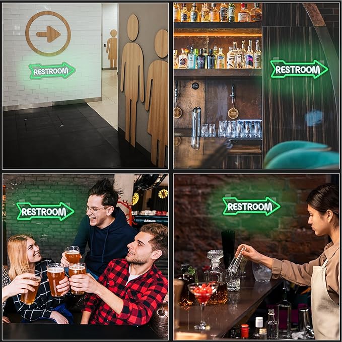 Looklight Restroom Arrow Neon Sign for Wall Decoration Right Arrow LED Light Sign Decor White and Green for Bathroom Hotels,Bars, Hospitals, Homes and Other Places with Toilets